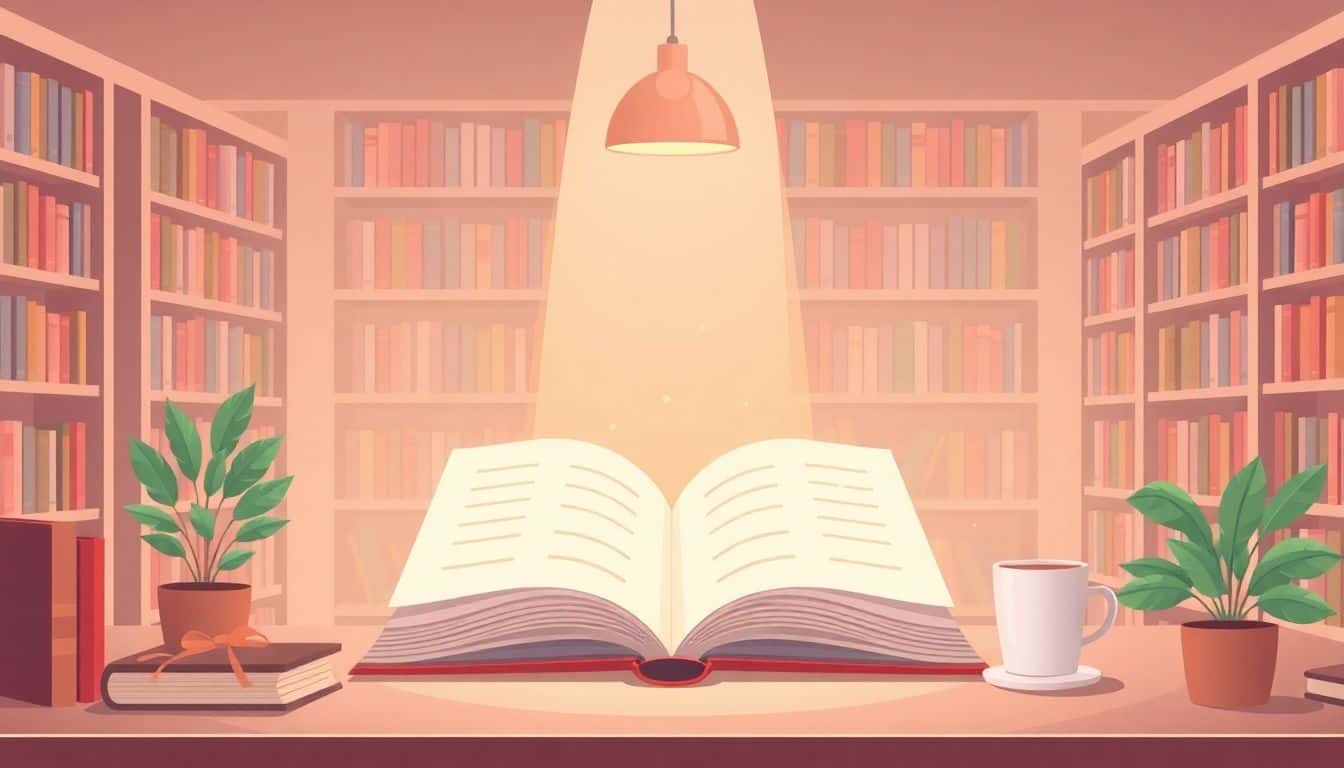 Minimalistic illustration of a cozy bookstore scene featuring a large open book with a soft glow, surrounded by warm tones, a coffee cup, and a small potted plant.