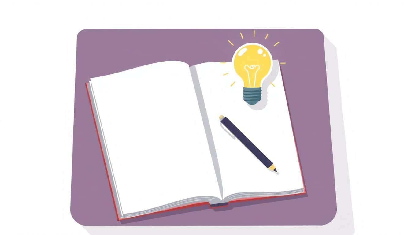 Minimalist illustration of a modern writer's desk with an open notebook, a pen, and a glowing light bulb, in soft colors and subtle shadows.
