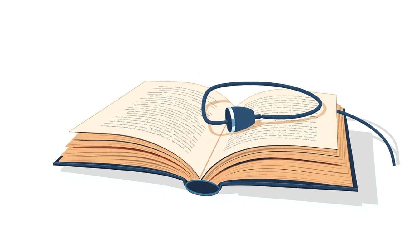 Open book with a stylized microphone resting on it, featuring soft colors and a clean background, representing podcasts and storytelling.