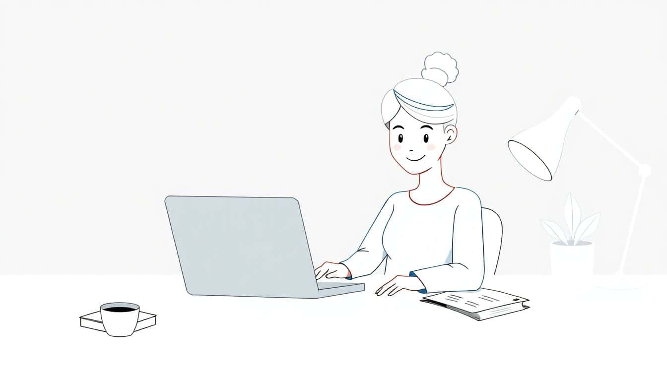 A minimalist illustration of a friendly editor at a clean desk with a laptop, notepad, and a cup of coffee, featuring soft colors and simple lines.