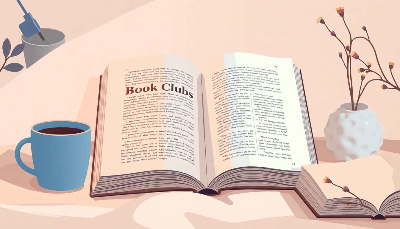 Illustration of a closed book with an elegant design, accompanied by a coffee cup in a cozy reading nook, featuring soft, warm tones and a minimalist composition.
