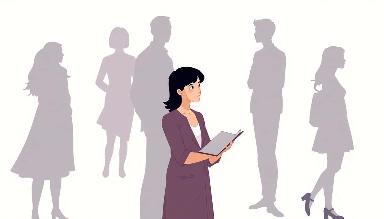 A confident storyteller stands surrounded by distinct silhouettes, symbolizing various perspectives, against a soft, minimalist background.