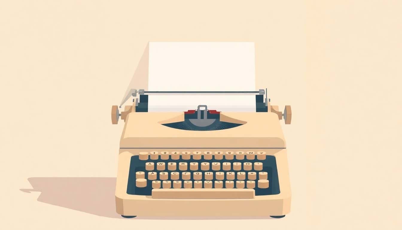 Minimalist illustration of a vintage typewriter with a single sheet of paper emerging, set against a clean background in soft, warm tones.