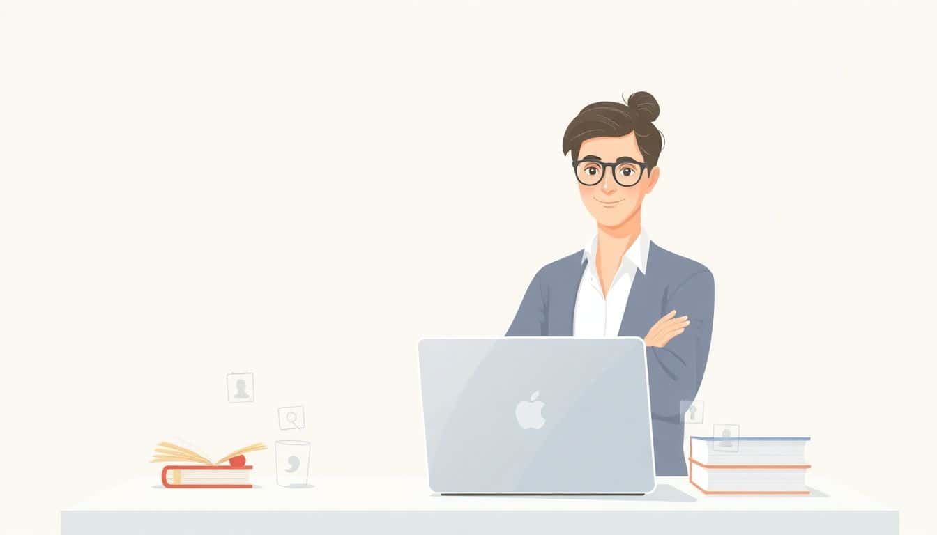 Minimalist illustration of a confident author at a clean desk with a laptop, surrounded by subtle book and online media icons, in soft colors with a calm background.