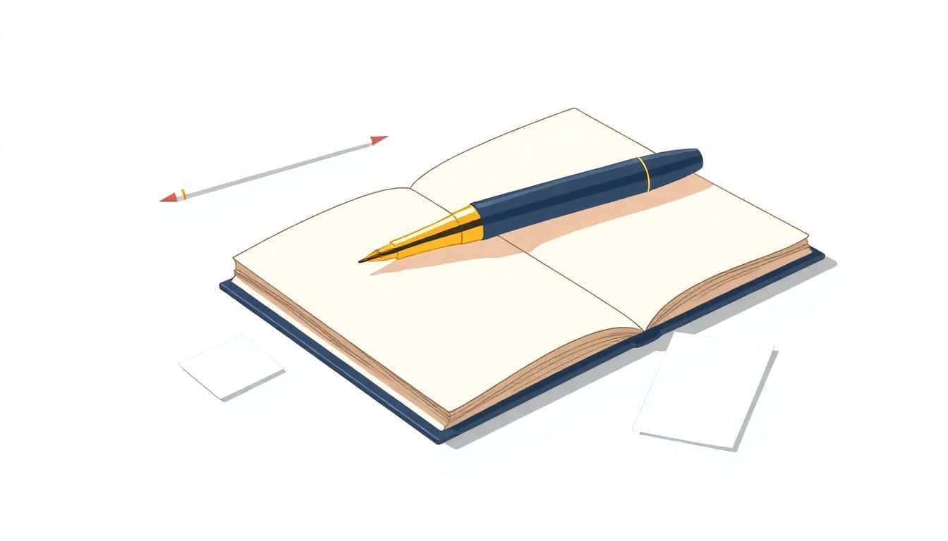 Sleek fountain pen on an open notebook with scattered paper sheets nearby, illustrated in soft colors with clean lines.