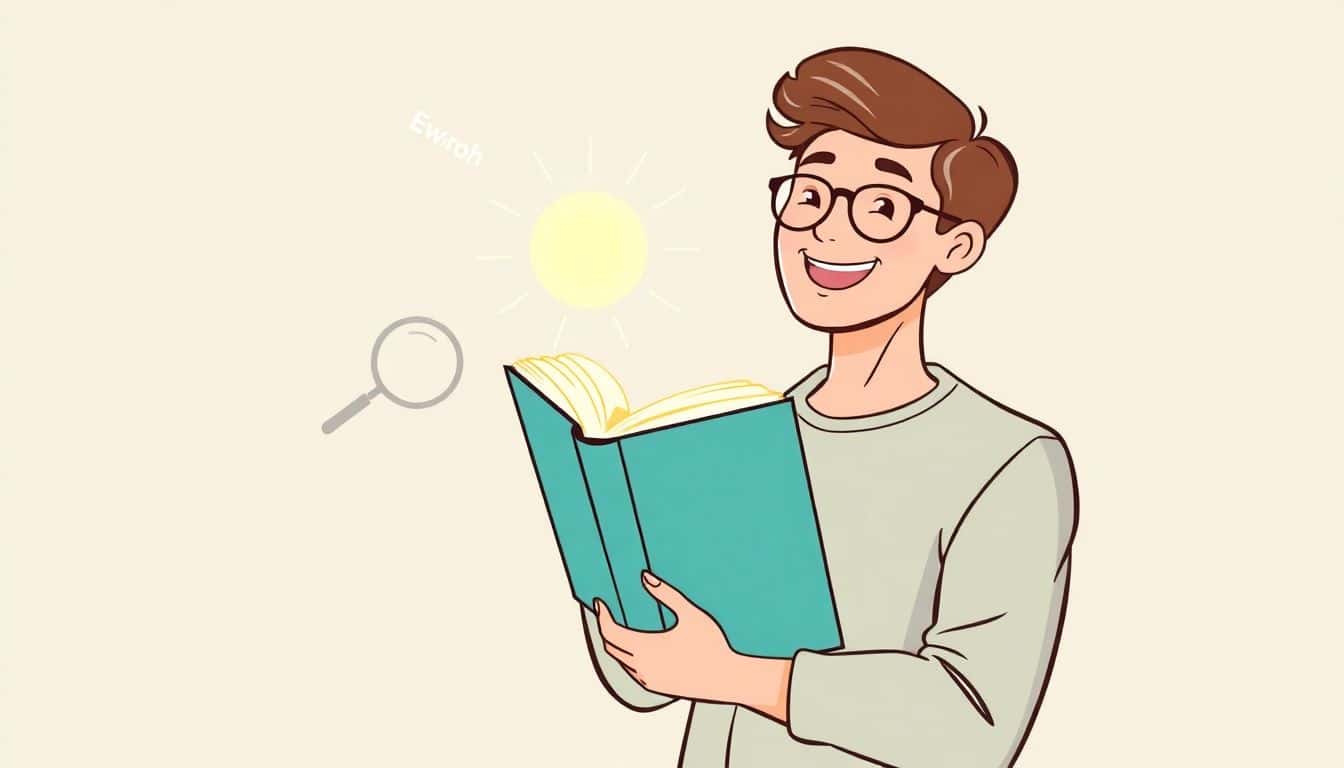 A confident author holds a glowing book, surrounded by floating keywords and magnifying glasses, depicted in a minimalist style with clean lines and a soft color palette against a simple background.