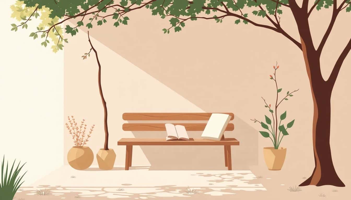 Minimalist illustration of a cozy outdoor writer's retreat featuring a simple wooden bench in a serene nature setting with trees and soft sunlight.