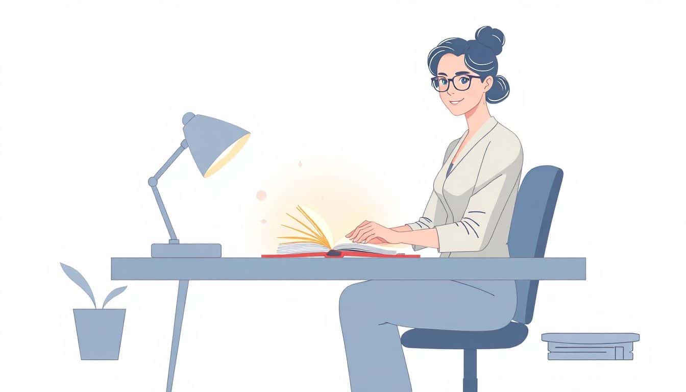 Minimalist illustration of a confident author at a desk with a glowing book, a laptop, and writing tools, featuring soft lighting and an uncluttered composition.