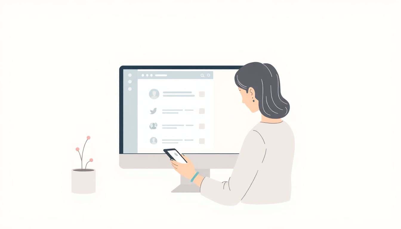 Illustration of a person thoughtfully designing a survey on a sleek tablet, set against a clean, minimalist background with soft tones and abstract icons representing feedback.