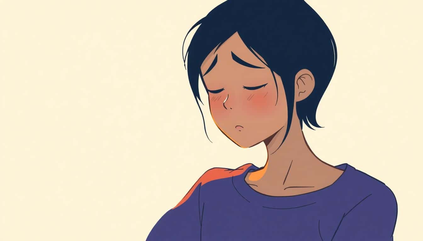 A minimalist illustration of a single character displaying deep vulnerability, surrounded by soft, warm lighting and subtle colors, with a simple background that highlights their emotional expression.