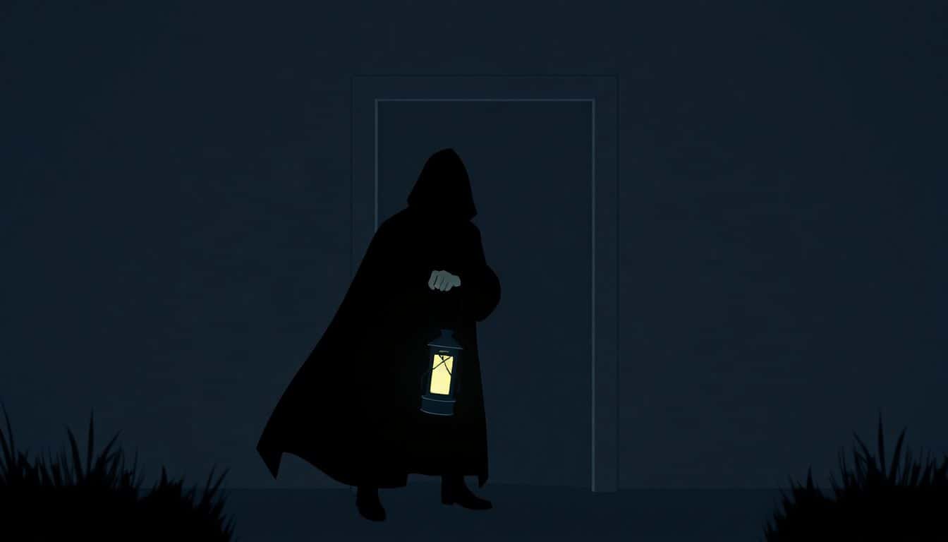 Shadowy figure holding a lantern in a dimly lit scene, with a glowing clue and an ajar door, set against a muted color palette and minimalistic design.