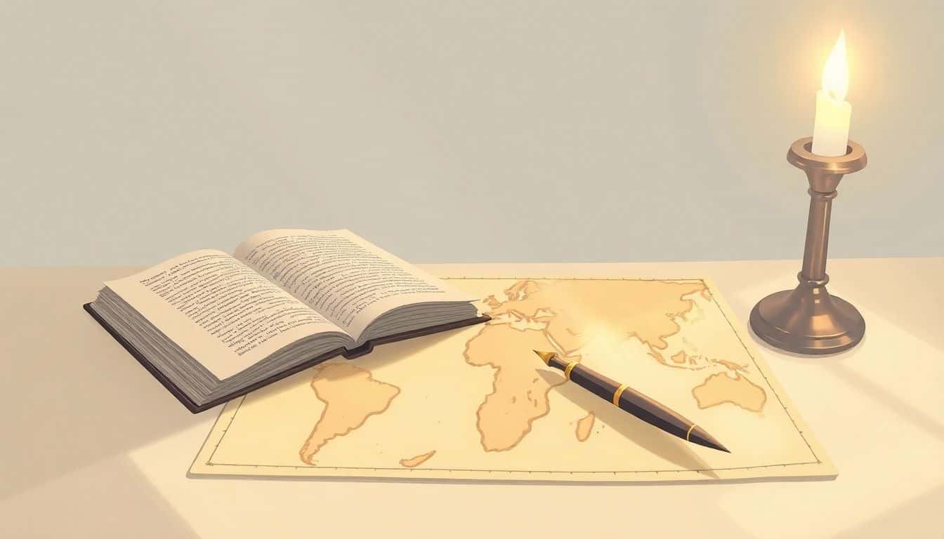 A fantasy author sits at a table with an open notebook, a quill, and a detailed fantasy world map, illuminated by soft magical lighting against a minimalist background.