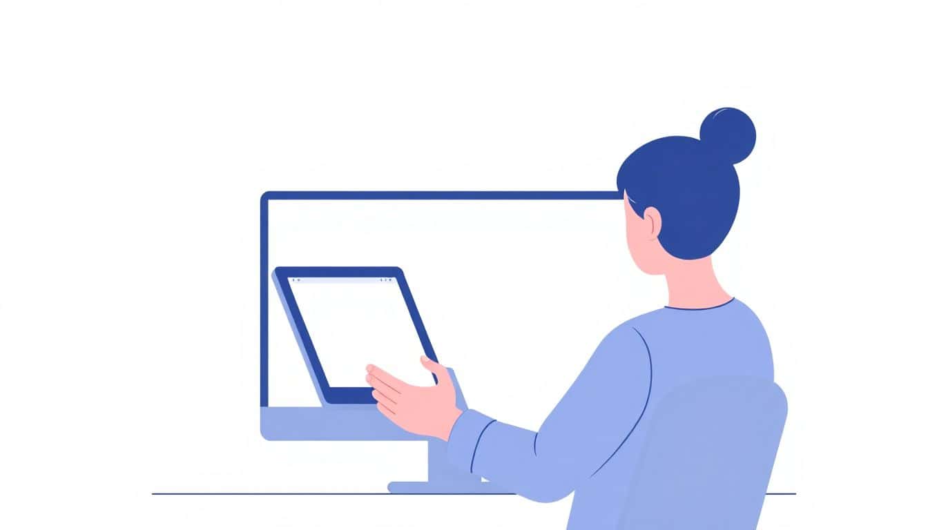 Minimalist illustration of a confident person designing a simple book app on a tablet, with a clean background and soft colors, featuring faint book icons and app screens.