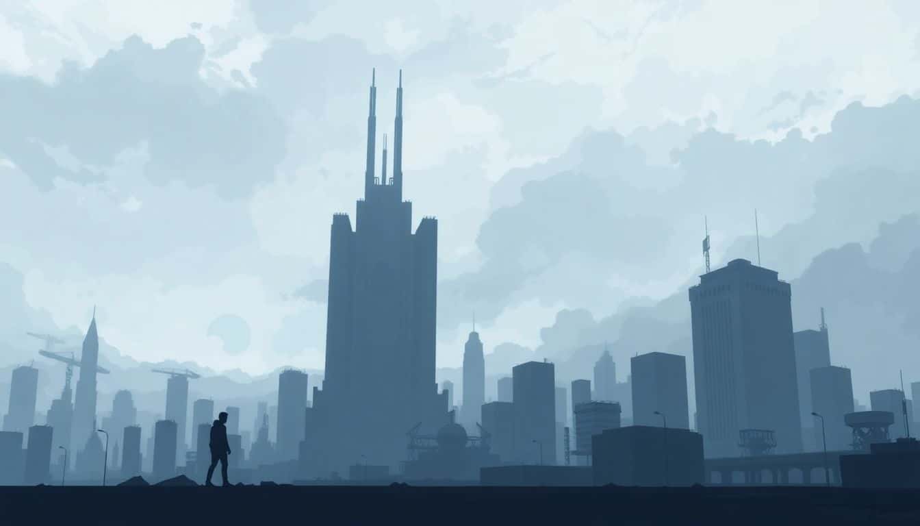 Minimalist illustration of a dystopian cityscape with towering buildings under a cloudy sky, featuring subdued gray and dark blue tones, and a lone figure in the foreground expressing introspection.