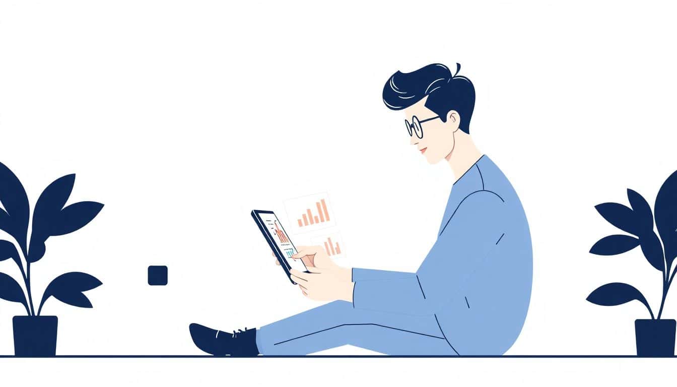 Minimalist illustration of a content creator analyzing audience data on a digital device, featuring charts and graphs in soft colors against a clean background.