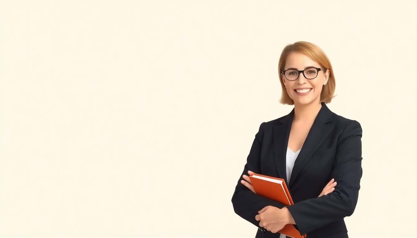 A confident author in professional attire, smiling warmly, holding a pen, against a soft, minimalistic background.