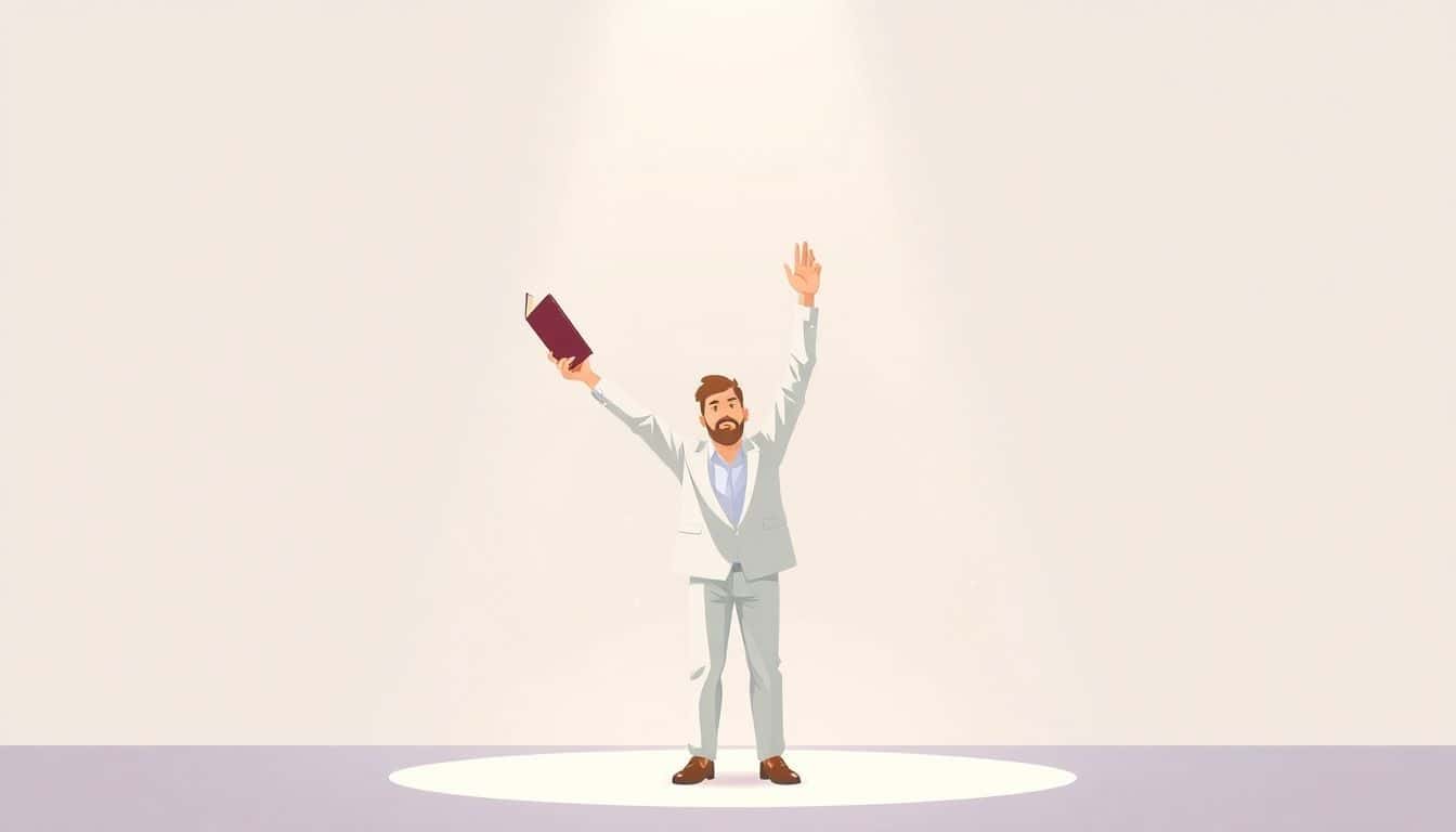 Confident author holding a book above their head on stage, surrounded by subtle light, with a minimalist, clean background and soft colors.