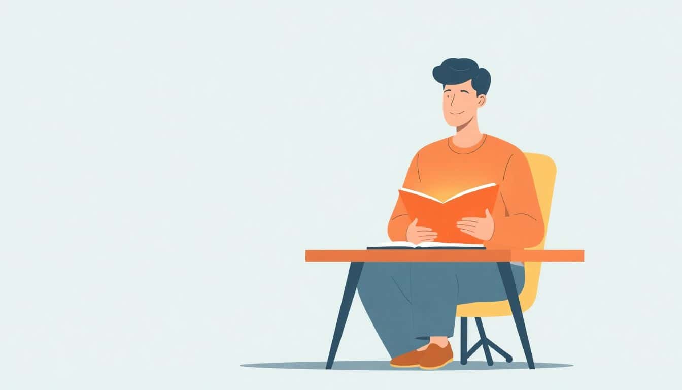 Illustration of a confident writer at a desk with a glowing book, surrounded by soft, inspiring colors, symbolizing mentorship and growth in a calm, minimalist setting.