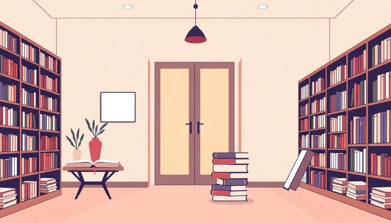 Minimalistic illustration of a cozy bookstore scene with stacked books and a warm atmosphere, featuring soft colors and clean lines.