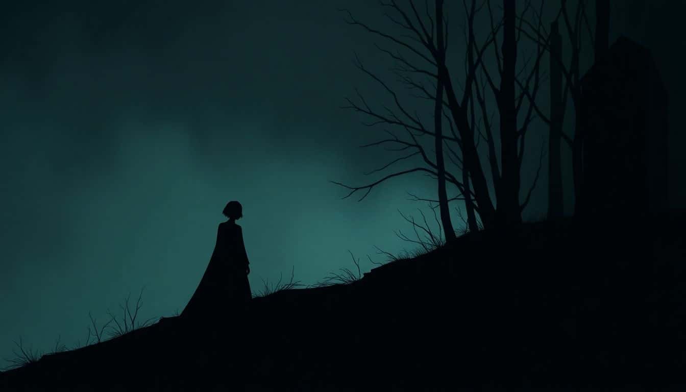 Minimalist illustration of a dimly lit, abandoned room with a solitary figure displaying a distressed expression, surrounded by soft shadows and muted colors that evoke unease and psychological tension.