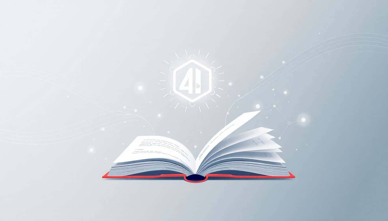 Minimalist illustration of a sleek book or e-reader with digital elements like a glowing AI icon and flowing data streams against a soft gradient background, symbolizing modern publishing and innovation.