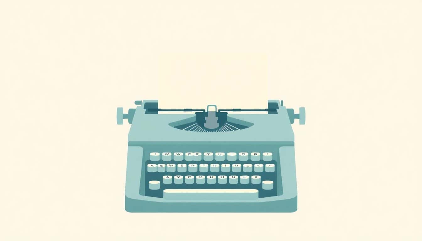 Open vintage typewriter with a softly glowing sheet of paper emerging, set in a minimalist style with pastel tones.