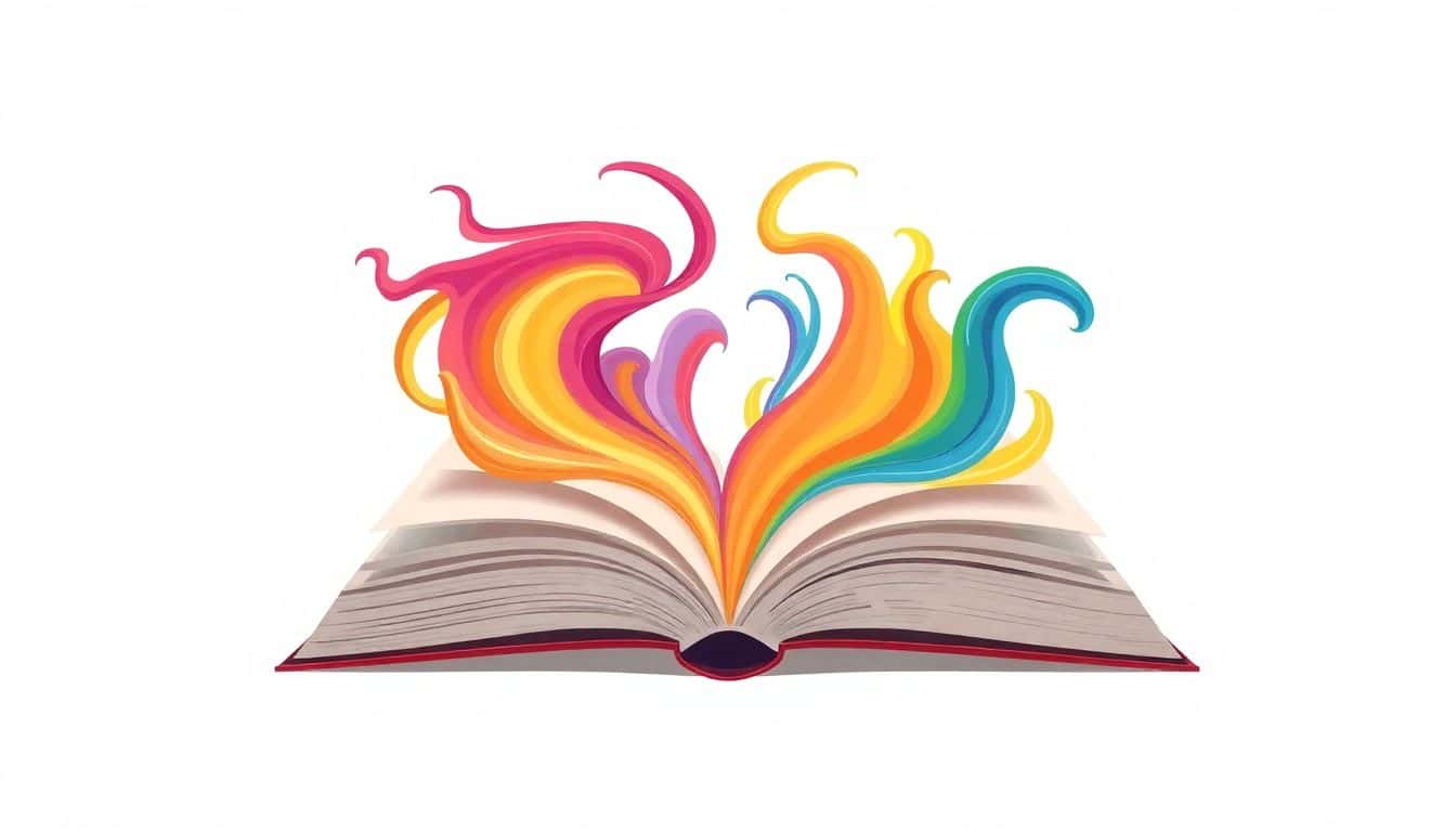 Open book with vibrant, swirling colors emerging from its pages against a clean, minimalist background, symbolizing the blending of literary genres.