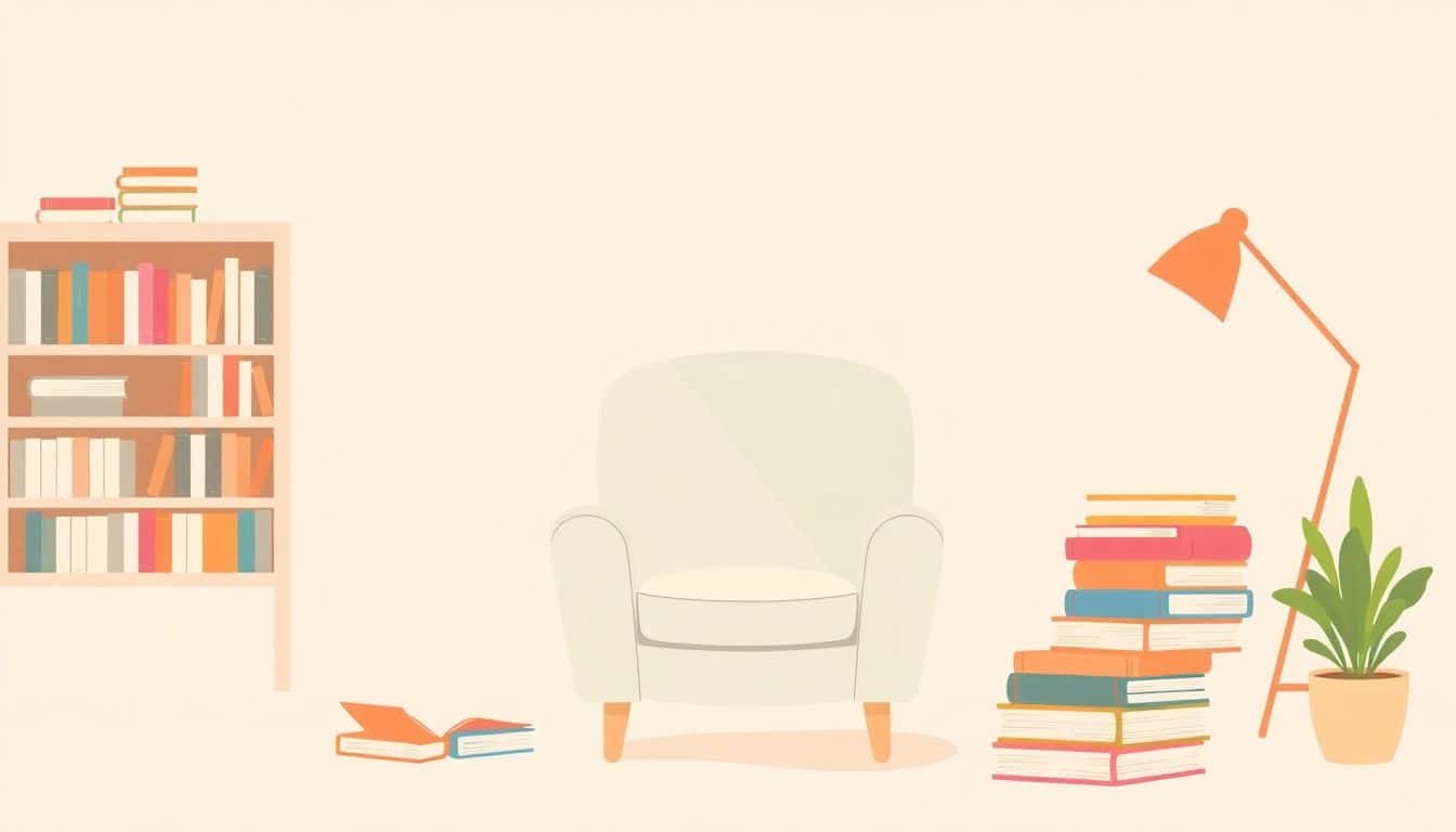 Minimalist illustration of a cozy reading nook featuring a comfortable armchair, a small stack of colorful books, and a warm color palette, evoking a sense of calm and joy.