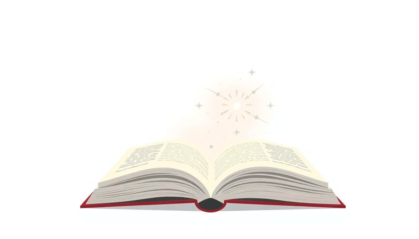 Minimalist illustration of an open book with glowing elements, symbolizing growth and achievement, set against a simple background that conveys progress and aspiration.