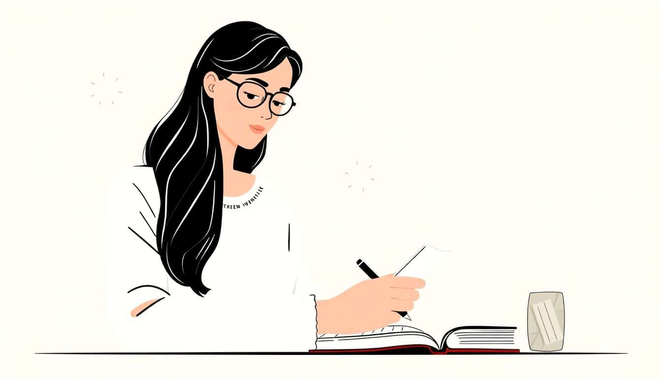 A person sketching or writing an ebook with a notebook and pen on a minimalist background, surrounded by soft colors and subtle symbols of inspiration like lightbulbs and stars.