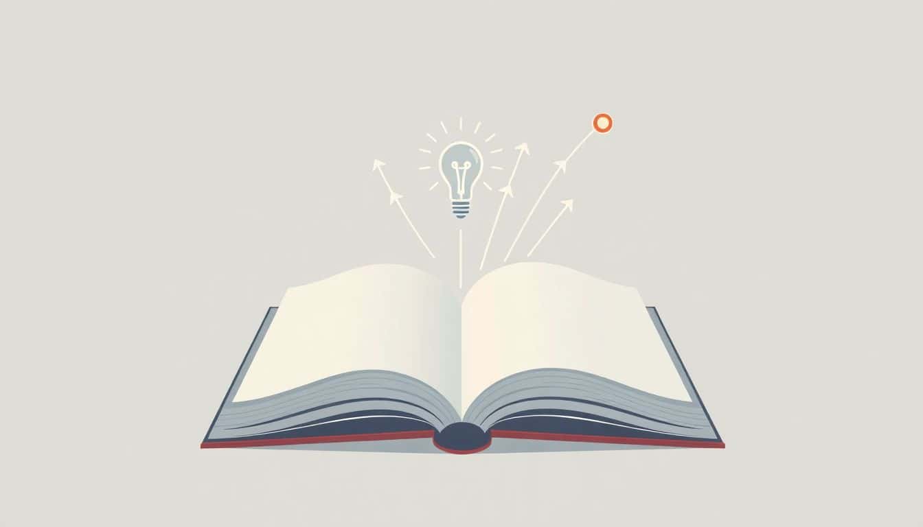 Minimalist illustration of an open book with a light bulb and upward arrows emerging from it, symbolizing ideas and growth in marketing and personal branding.