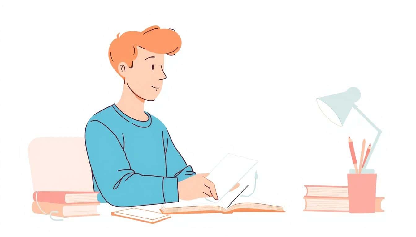 Minimalist illustration of a person sitting at a cozy desk, confidently beginning to write in a notebook on a clean, simple surface, with soft colors and a calming atmosphere.