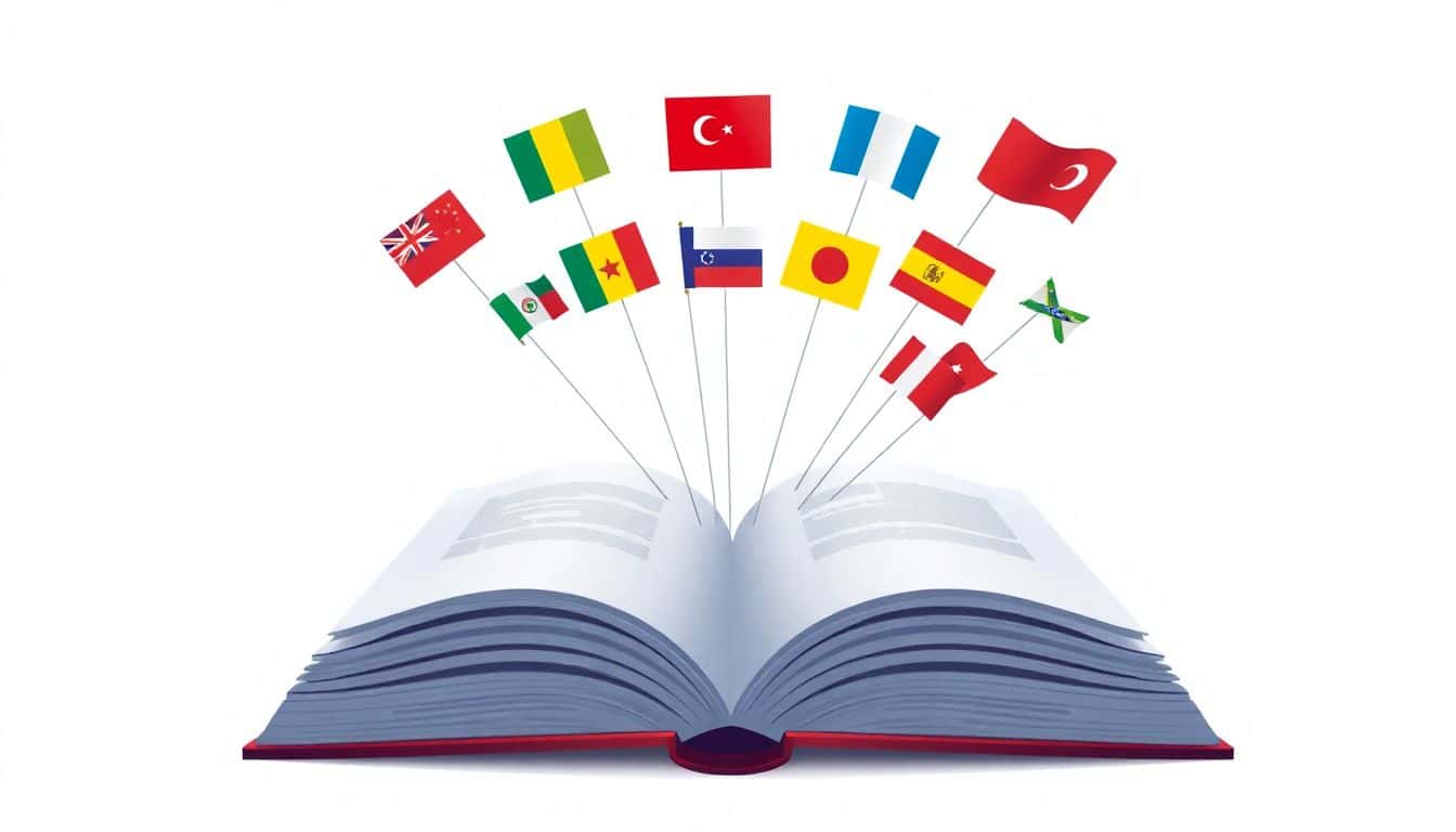 Open book with colorful language flags flowing out, set against a clean, soft pastel background.