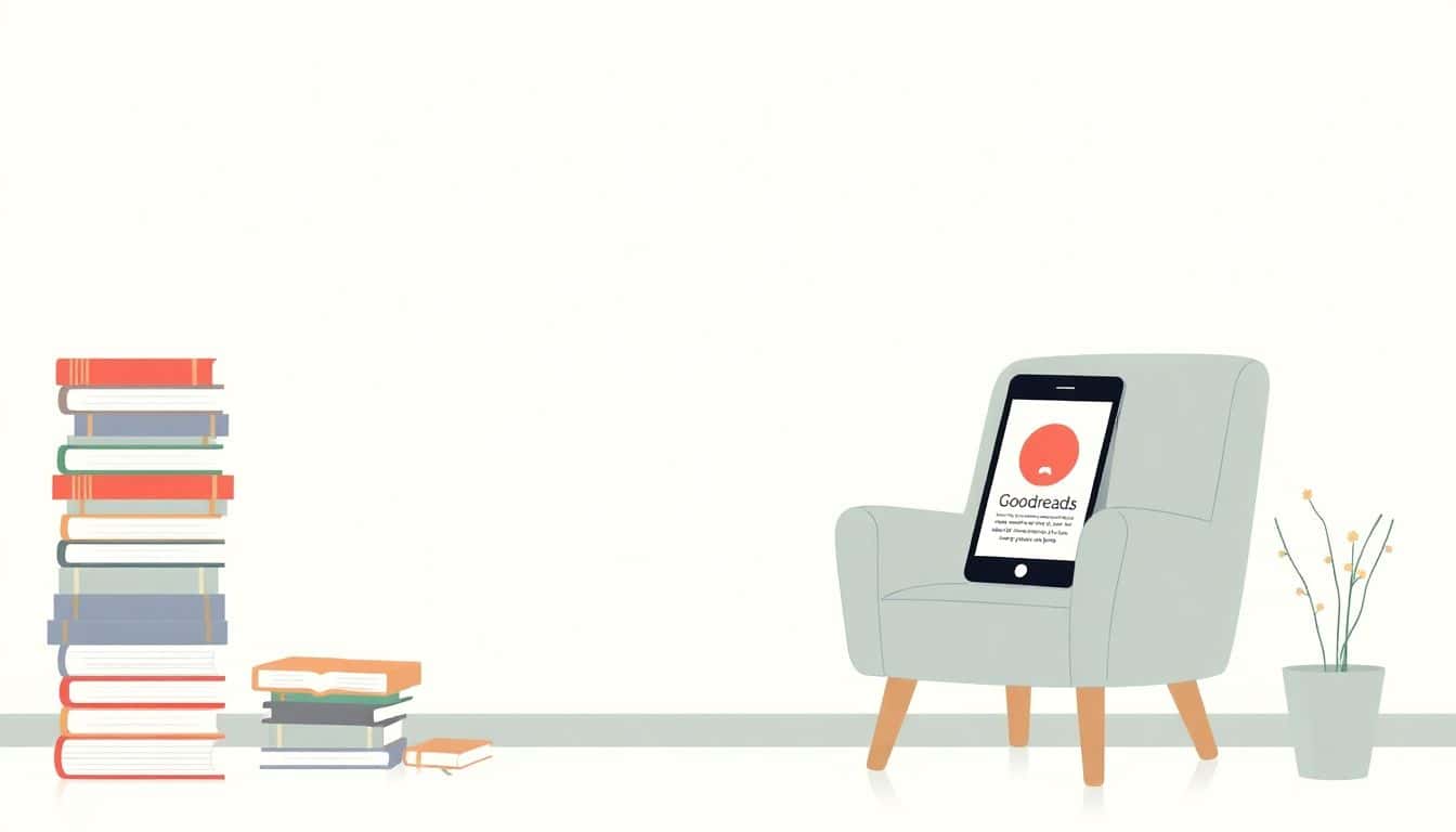 Minimalistic illustration of a cozy reading nook with a neatly stacked pile of books, a comfortable chair, and a tablet displaying the Goodreads app in soft, inviting colors.