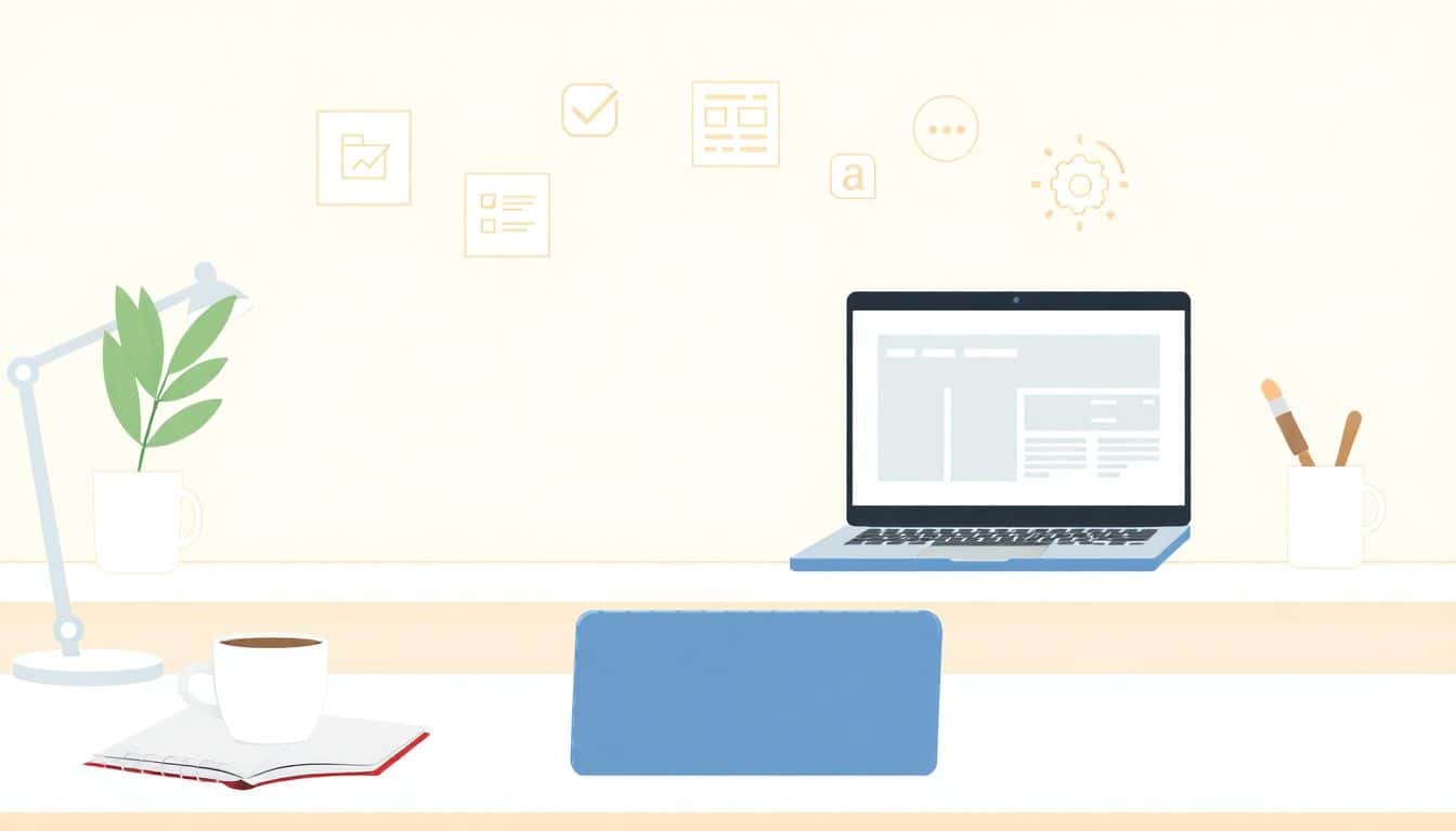 Minimalist illustration of a modern workspace featuring a clean desk with a sleek laptop, notebook, and coffee cup, surrounded by subtle icons representing project management, collaboration, automation, and design in soft, calming colors.