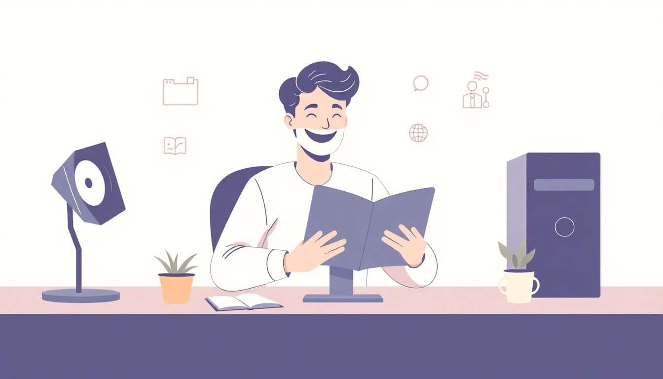 A person joyfully designing a personalized ebook on a computer, surrounded by subtle icons of goals, AI, and design elements, in a minimalist and colorful style.