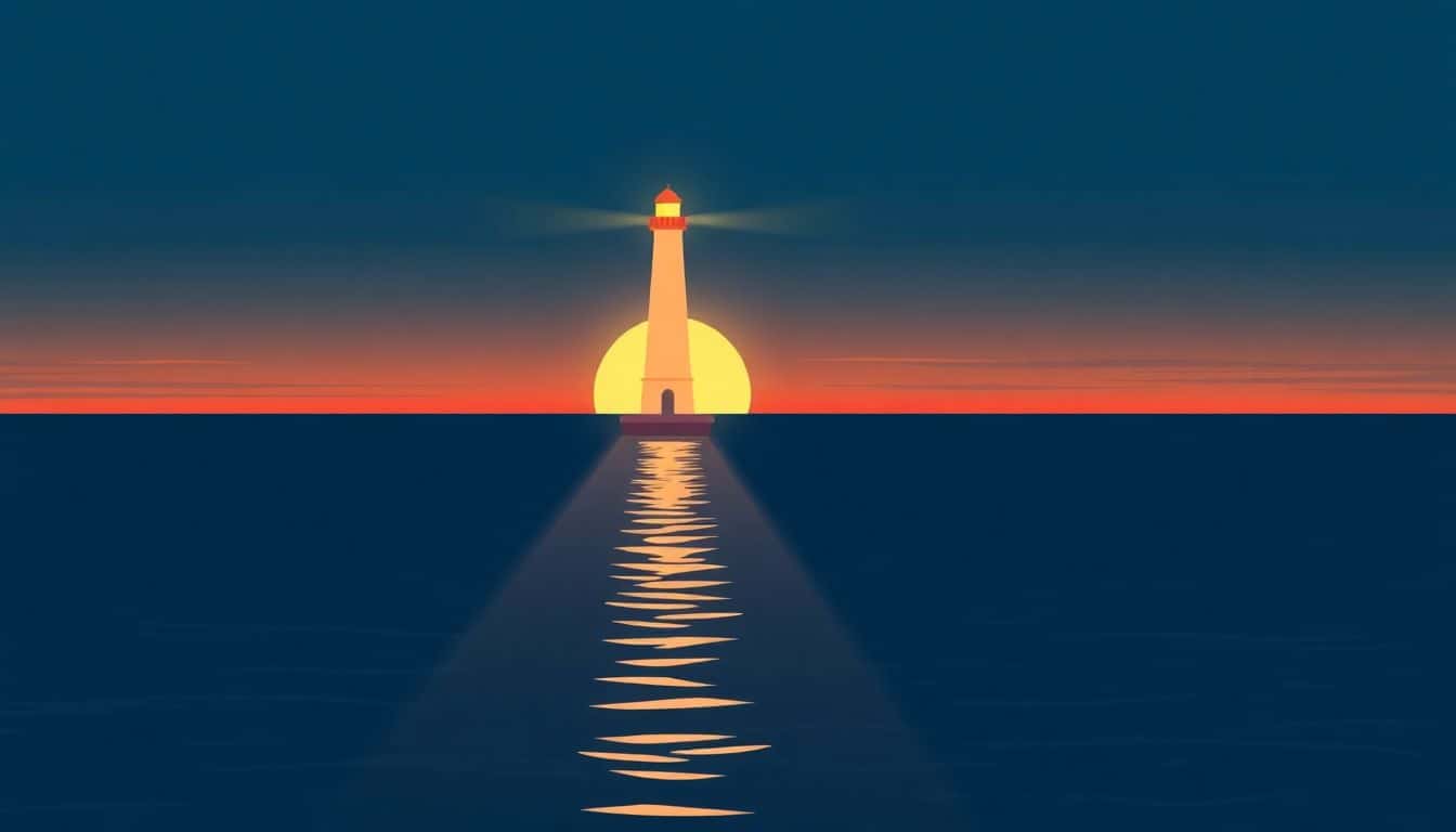 A minimalist illustration of a lighthouse casting a gentle beam of light over a calm ocean at sunset.