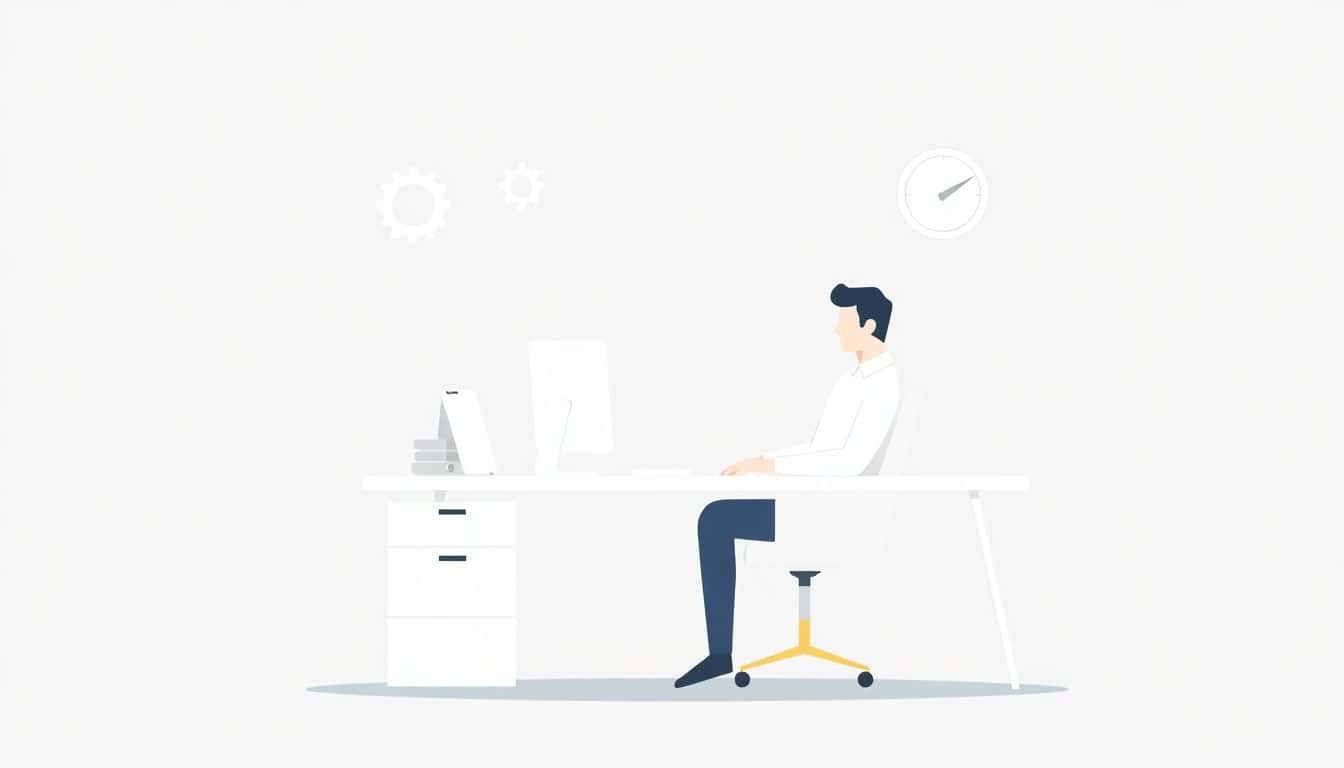 Minimalist illustration of a person seated at a sleek desk with a computer, surrounded by symbols of automation, speed, and accuracy, including gears, a clock, and checkmarks, all in soft colors.