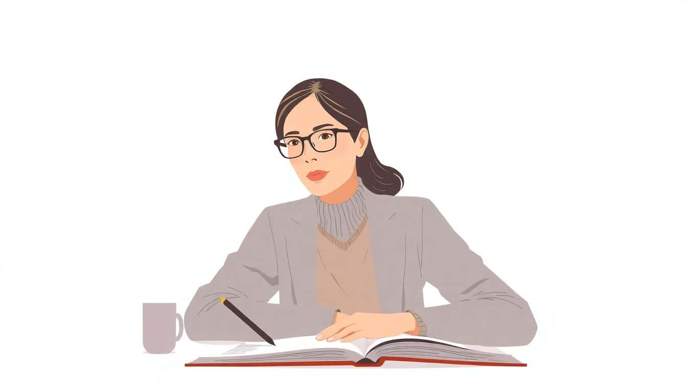 Minimalist illustration of an elegant author portrait with soft, warm tones, featuring a nearby book and writing notebook in a clean and refined composition.