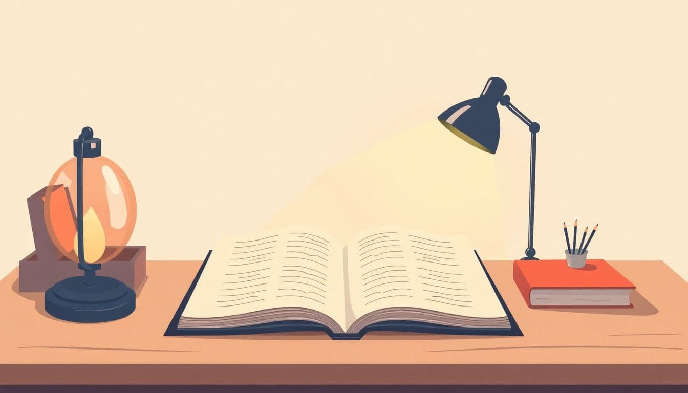 Minimalist illustration of a cozy writer’s desk with an open notebook and a softly glowing lamp, set against a calm background.