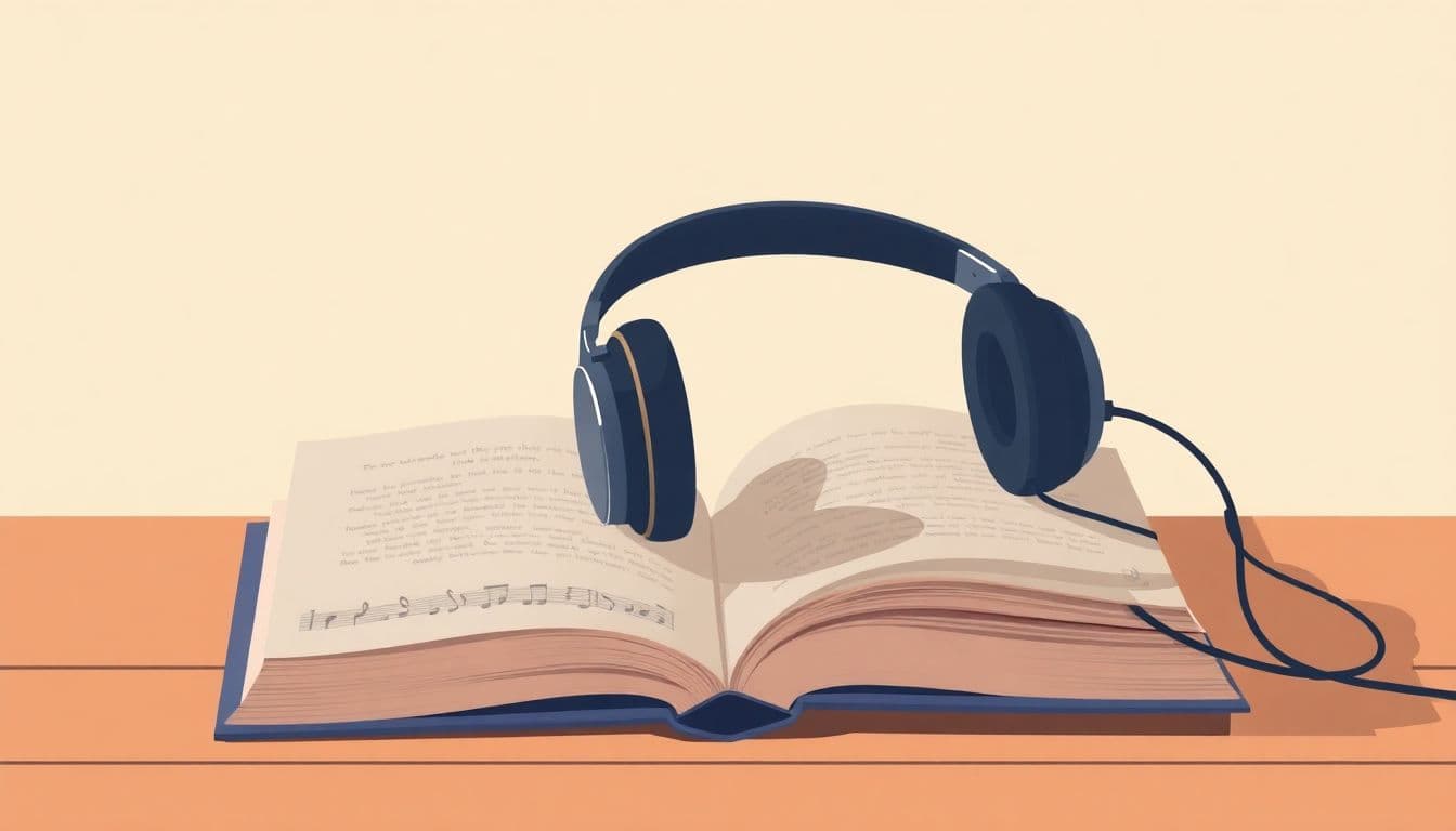 Illustration of a sleek pair of headphones resting on an open book, set against a soft, warm-toned background.
