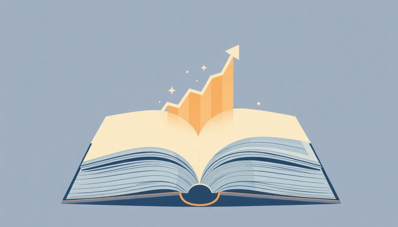 Minimalist illustration of an open book with an upward-trending financial chart emerging from the pages, representing author income growth.