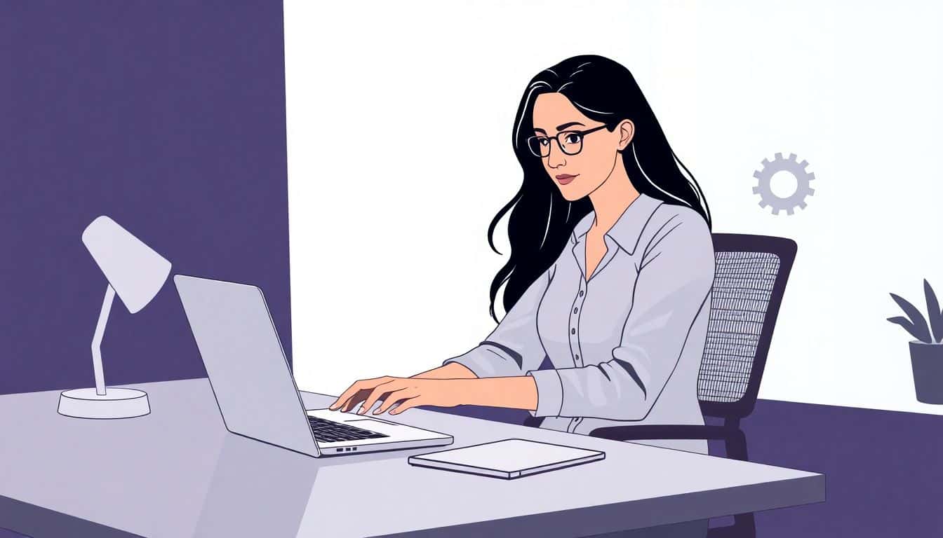 A calm, confident digital publisher working at a sleek desk with a laptop, featuring subtle gears and AI symbols to suggest automation, in a minimalistic style with clean lines and a soft color palette.