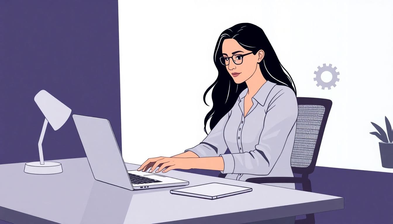 A calm, confident digital publisher working at a sleek desk with a laptop, featuring subtle gears and AI symbols to suggest automation, in a minimalistic style with clean lines and a soft color palette.