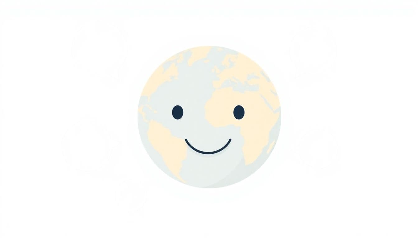 Minimalist illustration of a friendly globe surrounded by interconnected speech bubbles, representing global communication, in soft colors and clean lines.