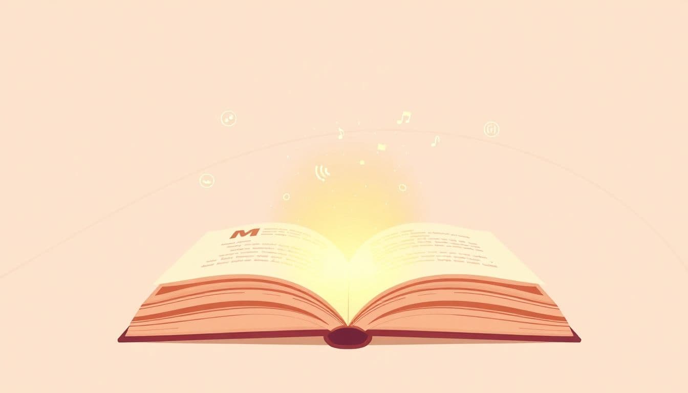 Minimalist illustration of an open book with a glowing excerpt emerging from its pages, set against a simple background featuring subtle social media icons and audio waves, all in soft colors and clean lines.