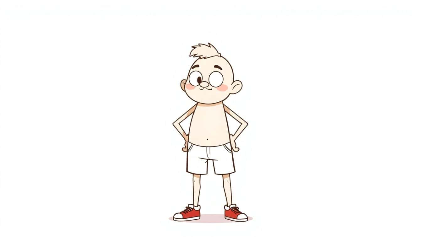 Illustration of a charming side character standing confidently with clean lines, subtle details, and a soft color palette, featuring a simple background to emphasize their unique traits.