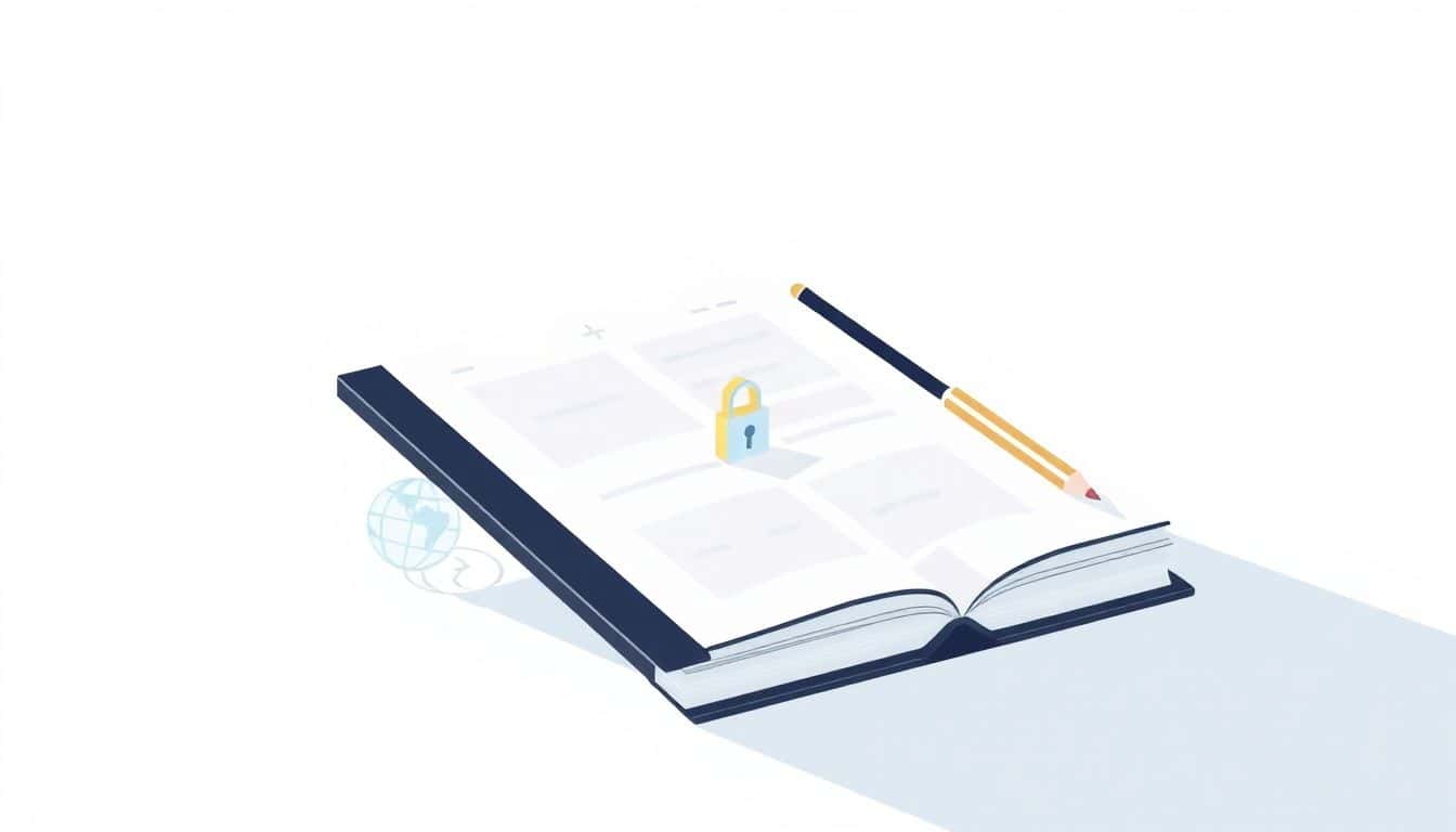 Minimalist illustration of a modern publishing scene featuring a sleek book and a tablet, with a globe, pencil, and digital lock representing digital content, ethics, and standards, set in a calm color palette of soft blues, whites, and grays.