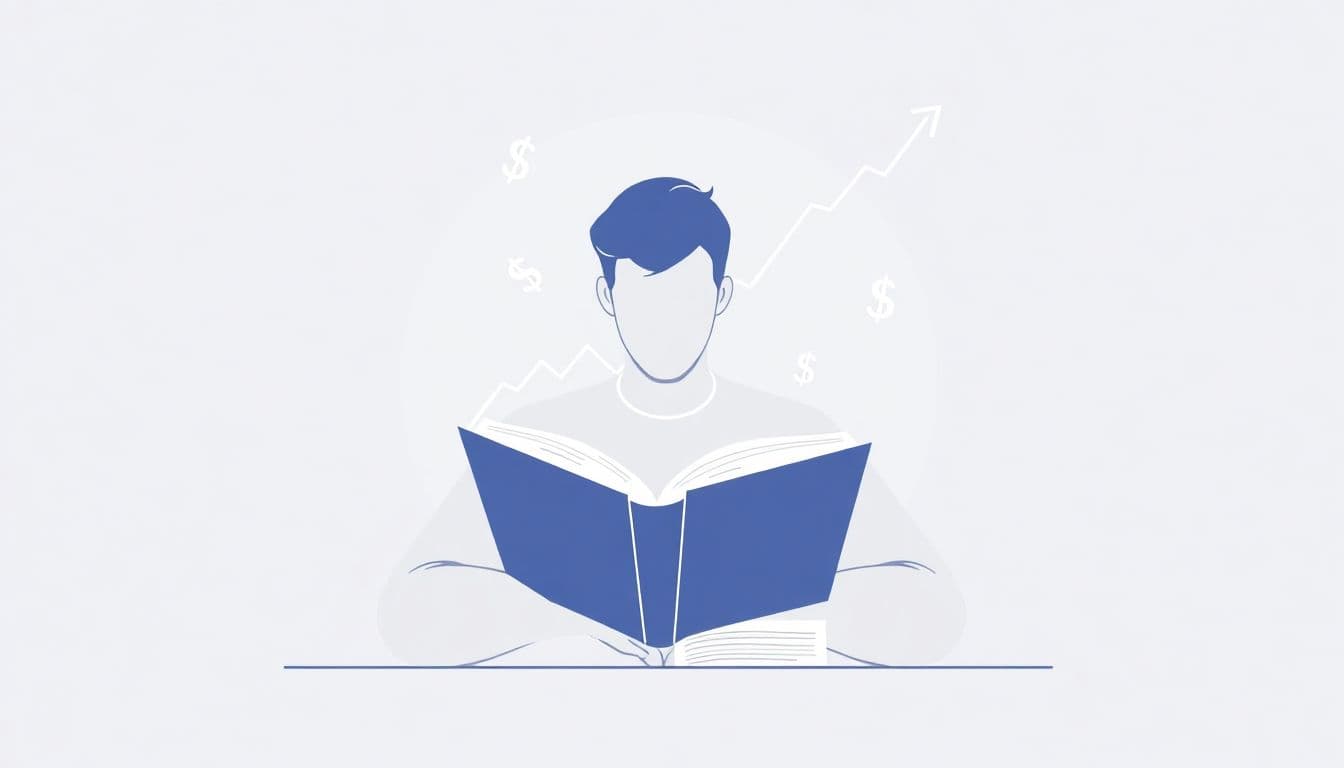 Illustration of a person reading a book surrounded by symbols of earning, such as dollar signs and a rising graph, on a clean, minimalist background.