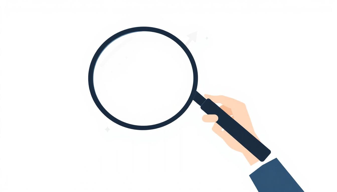Minimalist illustration of a person with a magnifying glass examining a simple bar chart, with subtle upward arrows and icons in a clean background.